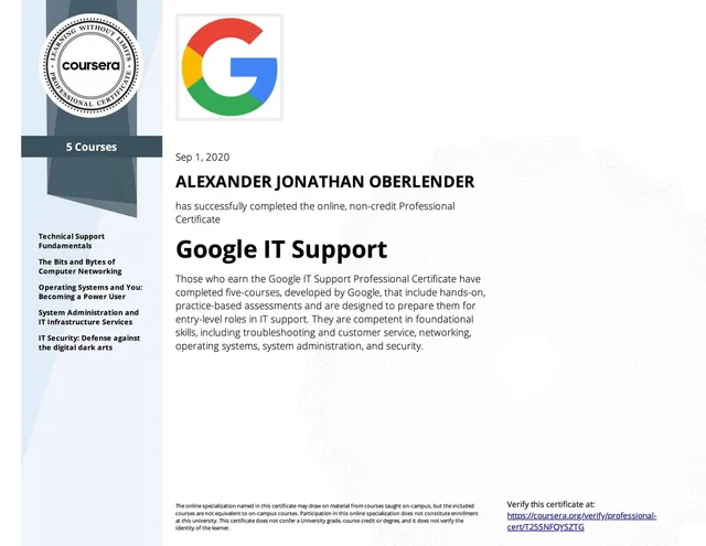 Certificate: Google IT Support, Google