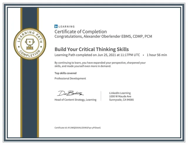 Certificate: Build Your Critical Thinking Skills, LinkedIn Learning