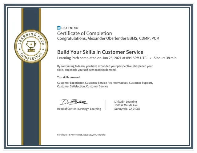Certificate: Build Your Skills in Customer Service, LinkedIn Learning
