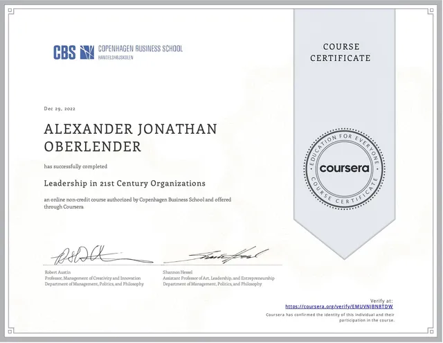 Certificate: Leadership in 21st Century Organizations, Copenhagen Business School