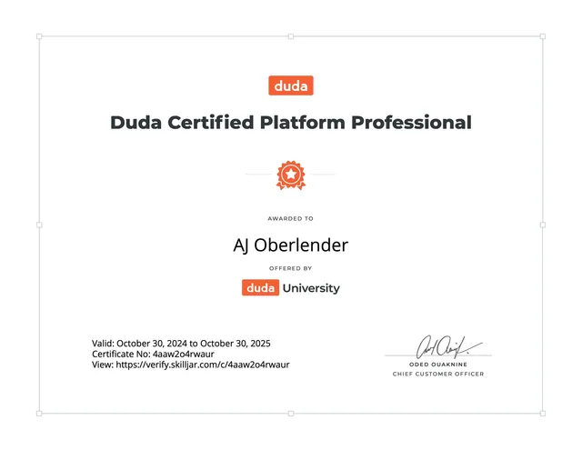 Certificate: Duda Certified Platform Professional, Duda University