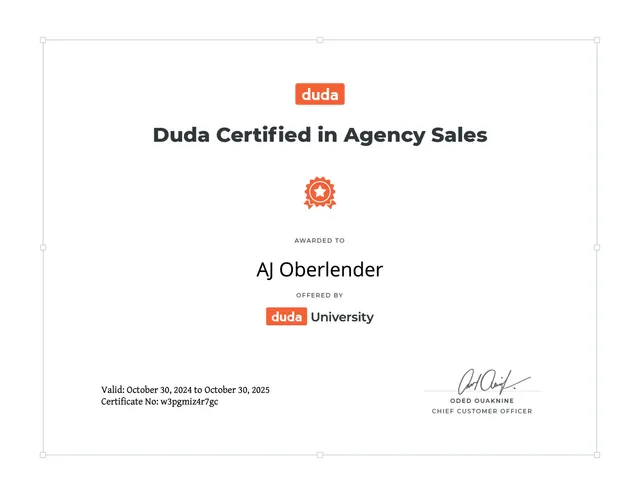 Certificate: Duda Certified in Agency Sales, Duda University