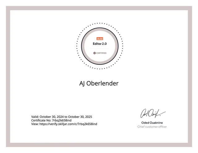 Certificate: Duda Certified in Editor 2.0, Duda University