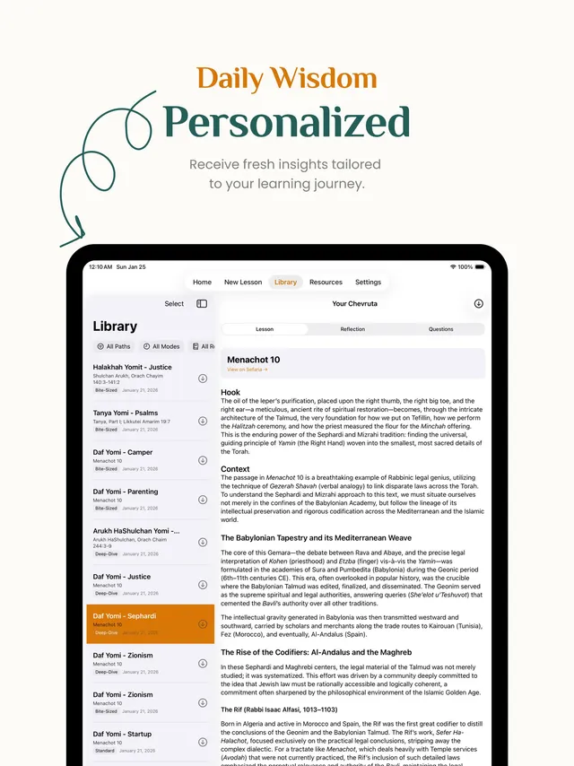 An iPad showing the Derekh Learning app, with a Daf Yomi library on the left and a Menachot lesson open on the right.