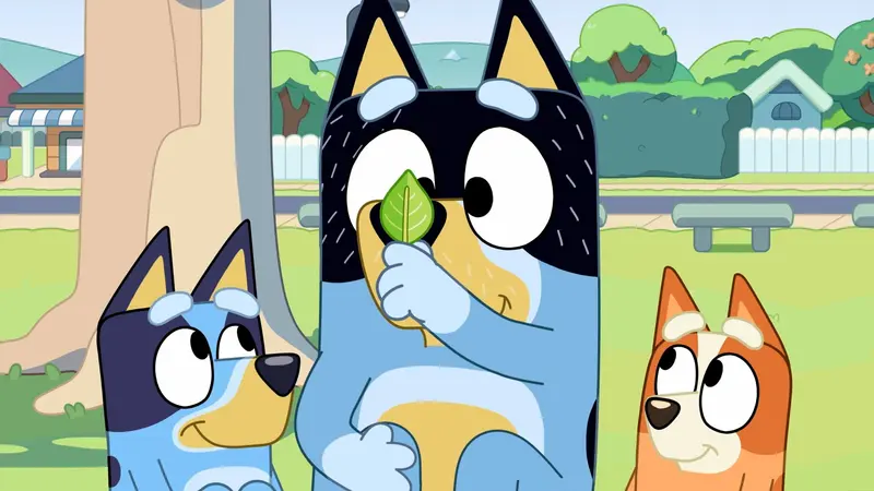 Bandit from Bluey holds a leaf up to one eye while Bluey and Bingo watch him.