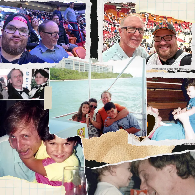 A torn-paper collage of family photos across decades, including AJ and his dad at Miami Heat games and out on a boat.