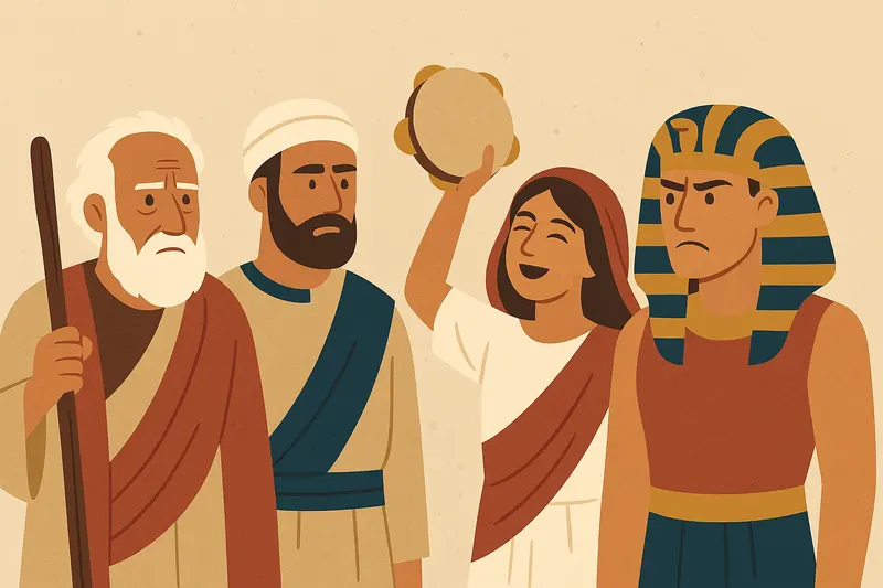 A flat illustration of Moses with a staff, Aaron, Miriam holding a tambourine, and a scowling Pharaoh.