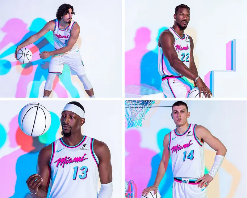 A four-photo collage of Miami Heat players wearing the neon pink and blue Vice uniforms.
