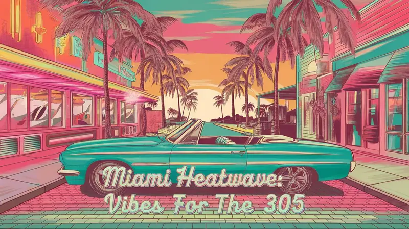A retro illustration of a teal convertible on a neon Miami street lined with palm trees at sunset.