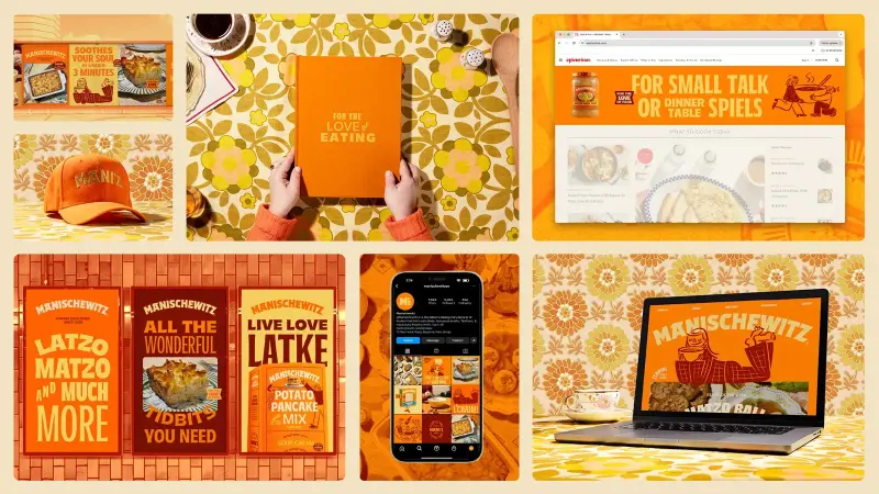 A grid of Manischewitz rebrand assets in orange and yellow: packaging, a cap, a cookbook, and web ads.