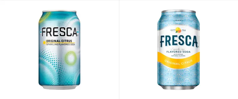 The Fresca can before and after: the teal metallic design beside the retro blue scallop-pattern redesign.