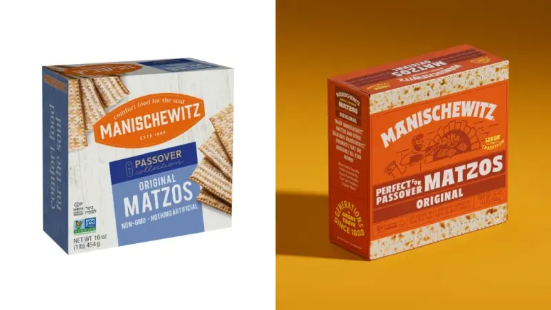 Manischewitz matzo boxes before and after: the old blue and white box beside the bold orange redesign.