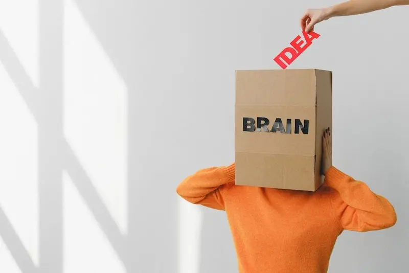 A person in an orange sweater with a cardboard box labelled BRAIN over their head, a hand dropping in a card marked IDEA.