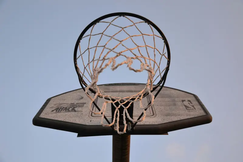 A weathered outdoor basketball hoop with a frayed net against a pale evening sky.